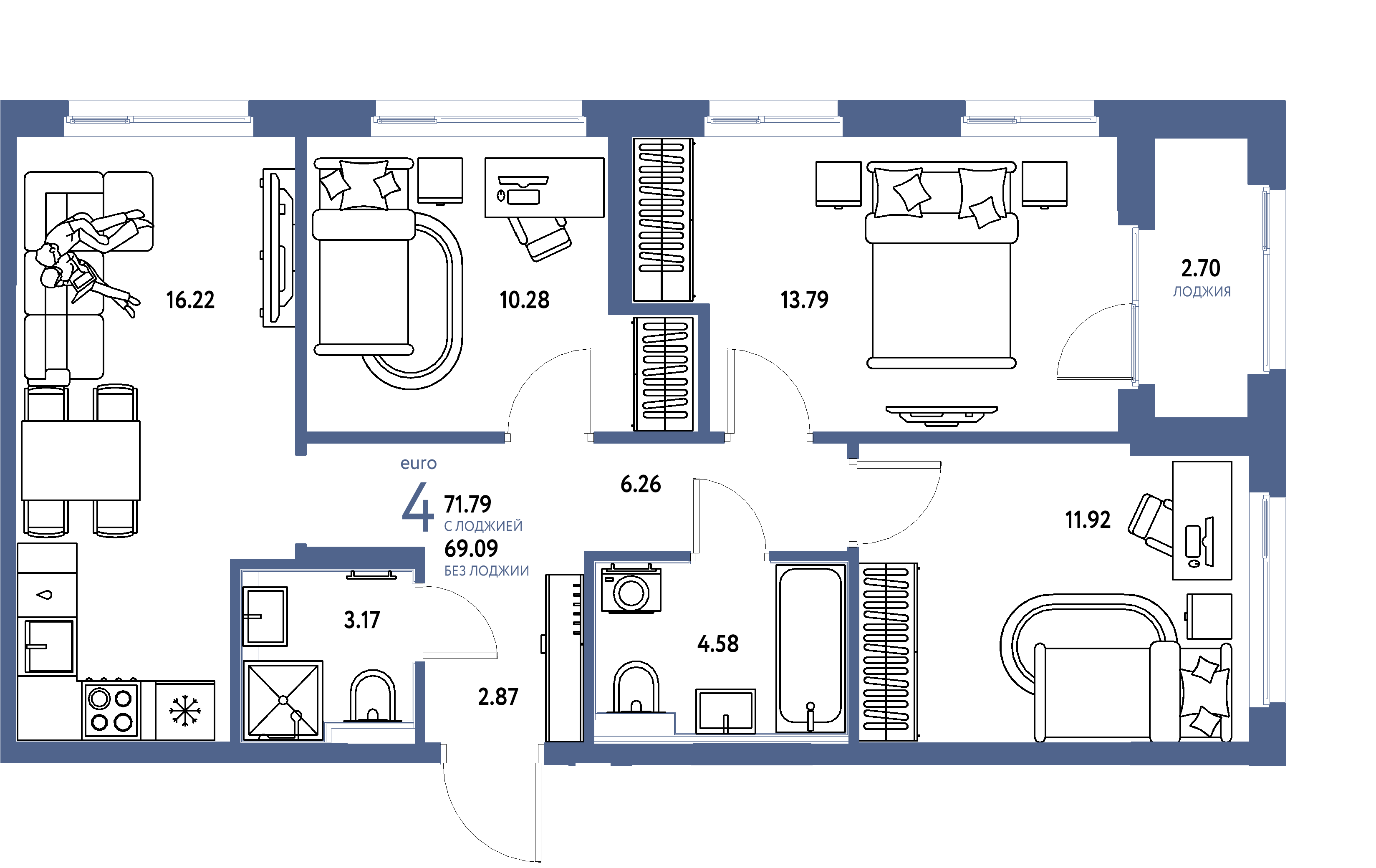 Планировка: Евро-4 71,79 м² в ЖК «Сердце Сибири»