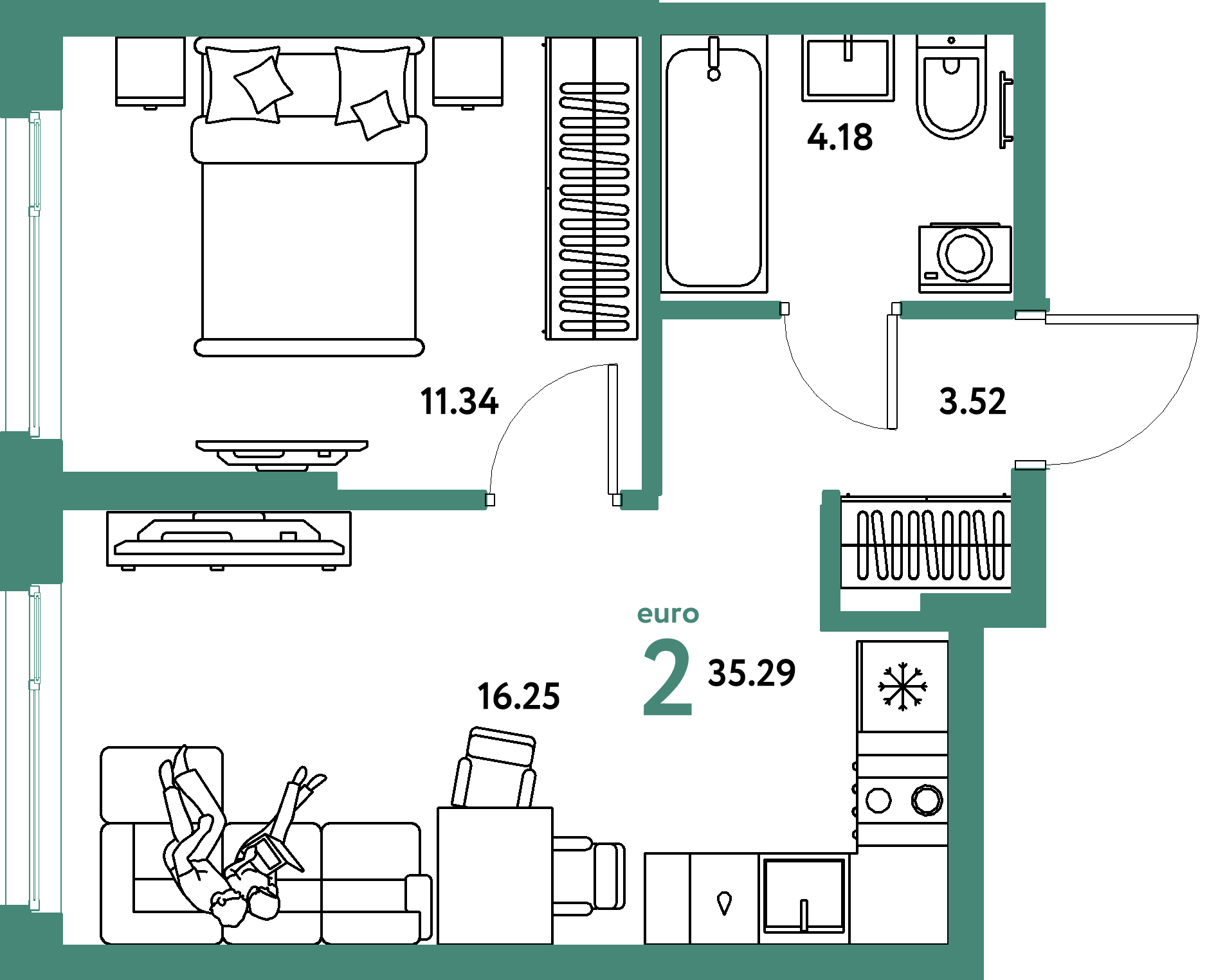 Планировка: Евродвушка 35,29 м² в ЖК «Европейский берег 2.0»