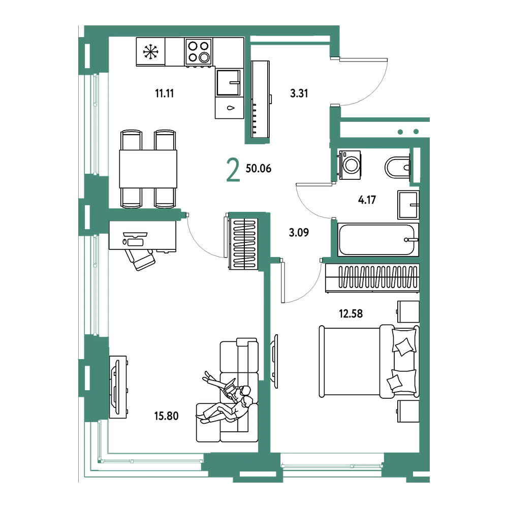 Планировка: 2-комнатная 50,06 м²