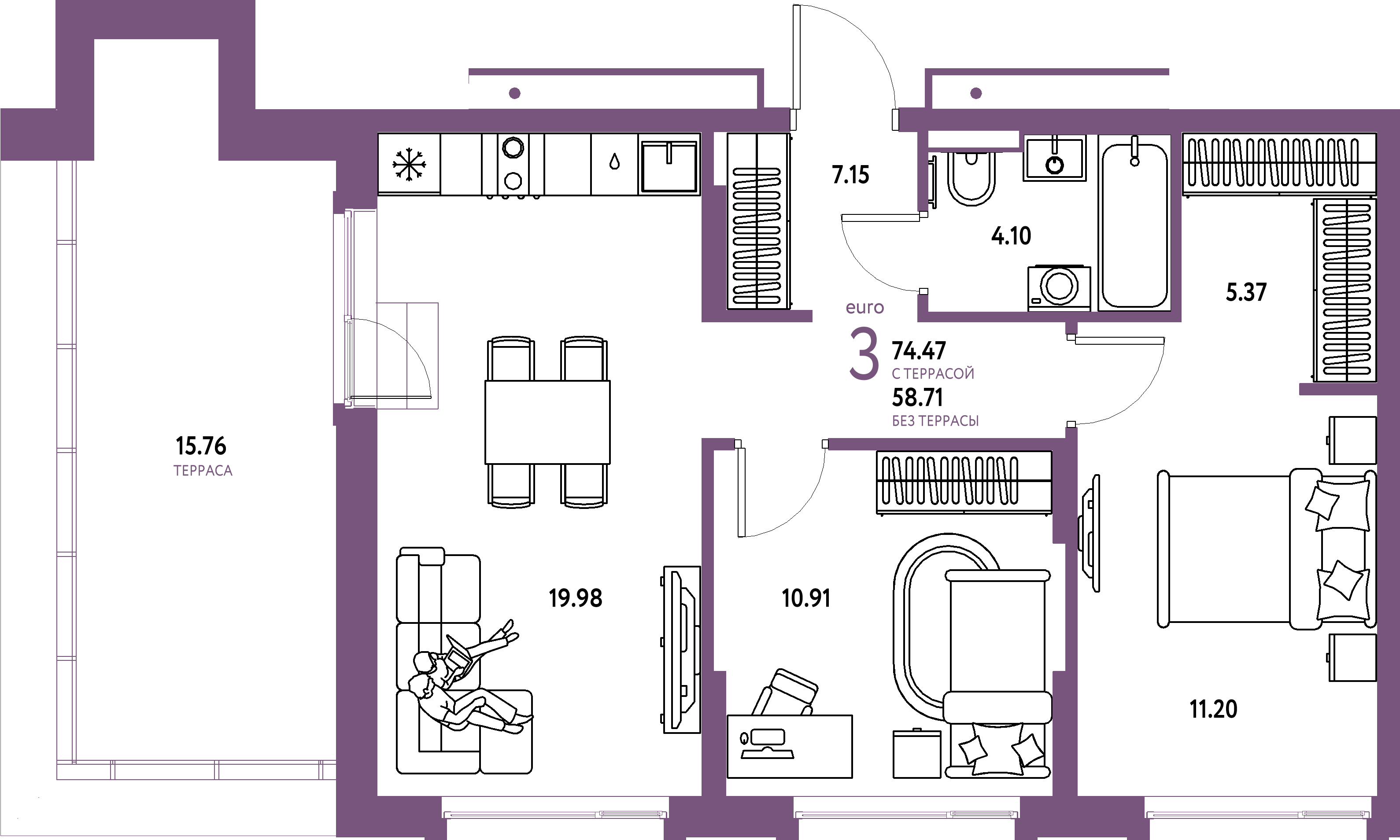 Планировка: Евротрёшка 74,47 м² в ЖК «Авторский»