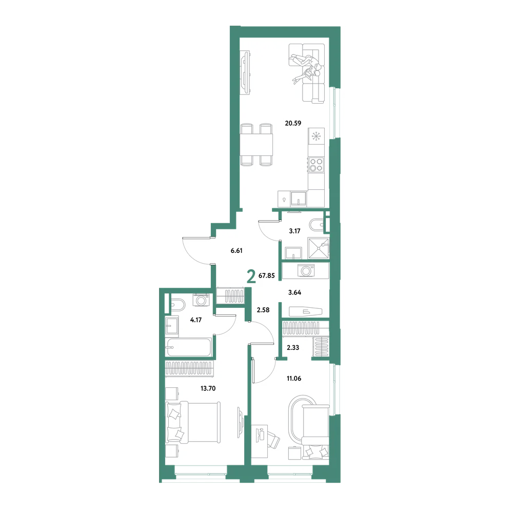 Планировка: 2-комнатная 67,85 м²