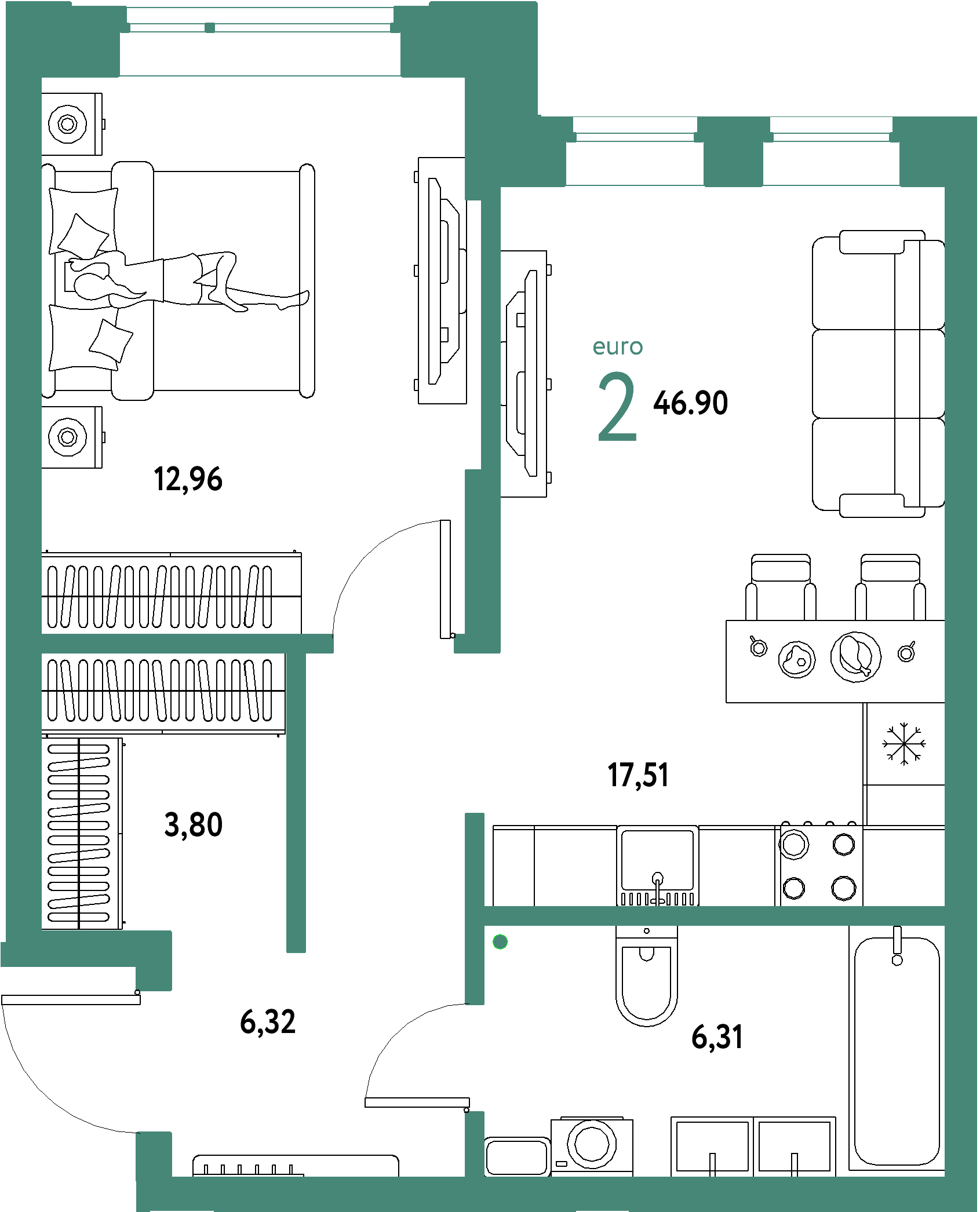 Планировка: Евродвушка 46,9 м² в ЖК «Авторский»