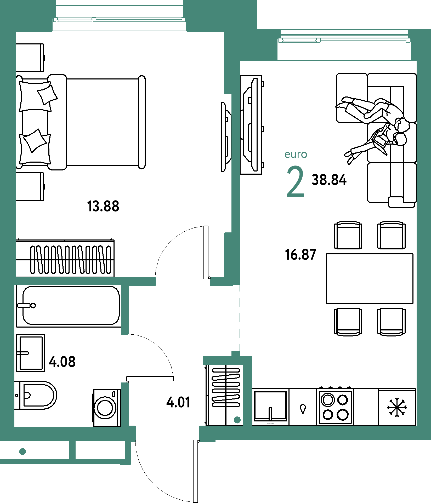 Планировка: Евродвушка 38,84 м² в ЖК «Домашний»