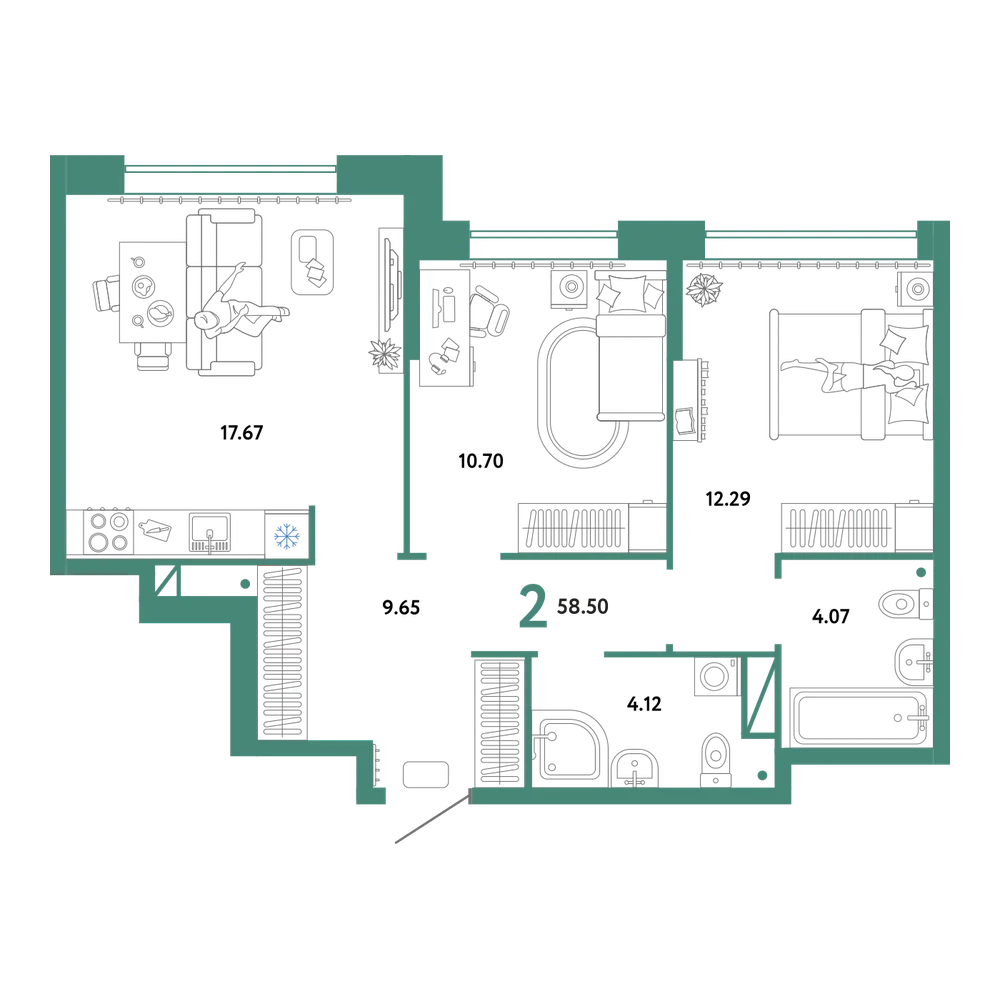 Планировка: 2-комнатная 58,5 м²