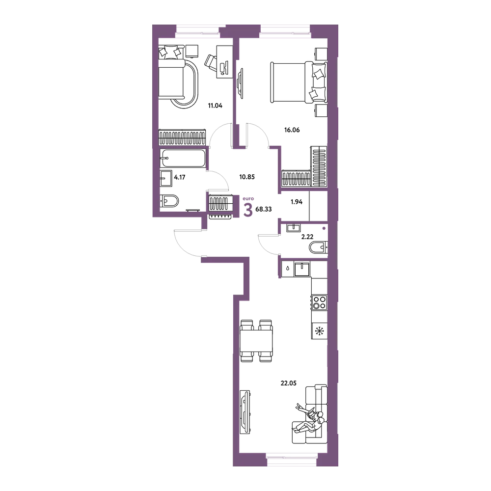 Планировка: Евротрёшка 68,33 м²