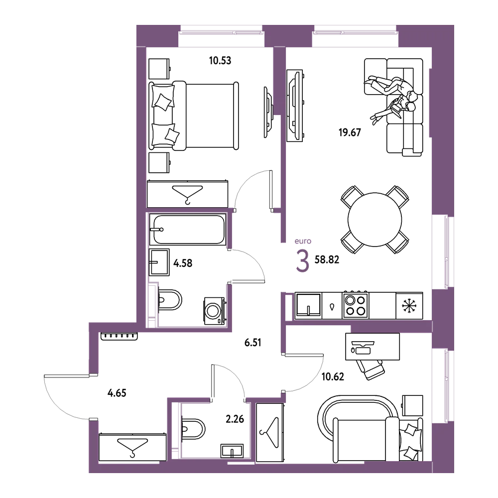 Планировка: Евротрёшка 58,82 м²
