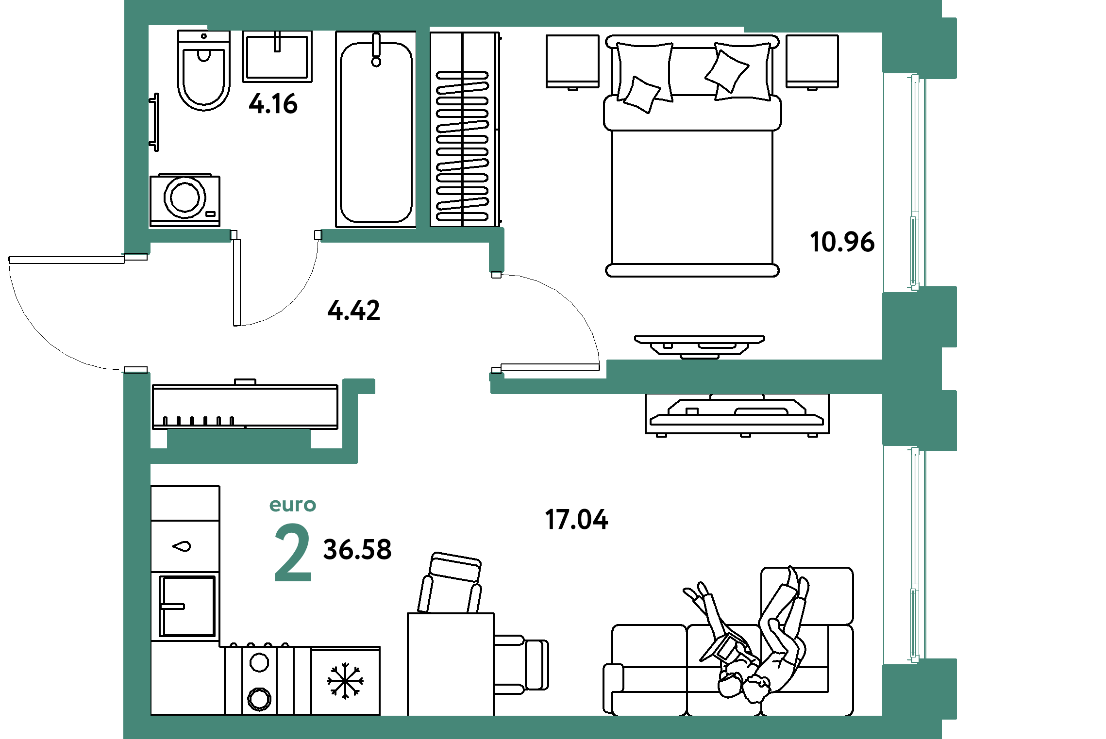 Планировка: Евродвушка 36,58 м² в ЖК «Европейский берег 2.0»