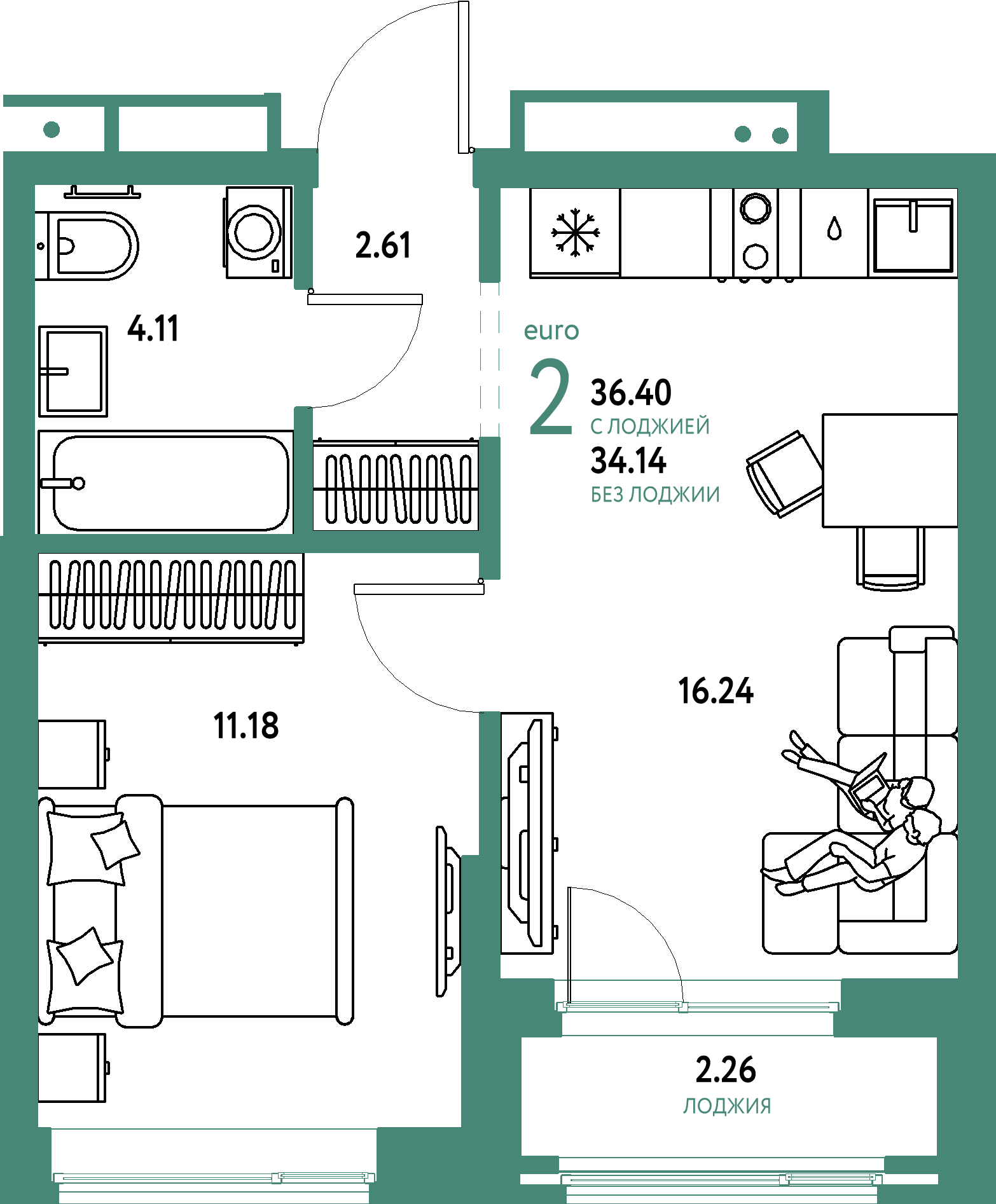 Планировка: Евродвушка 36,4 м² в ЖК «Домашний»