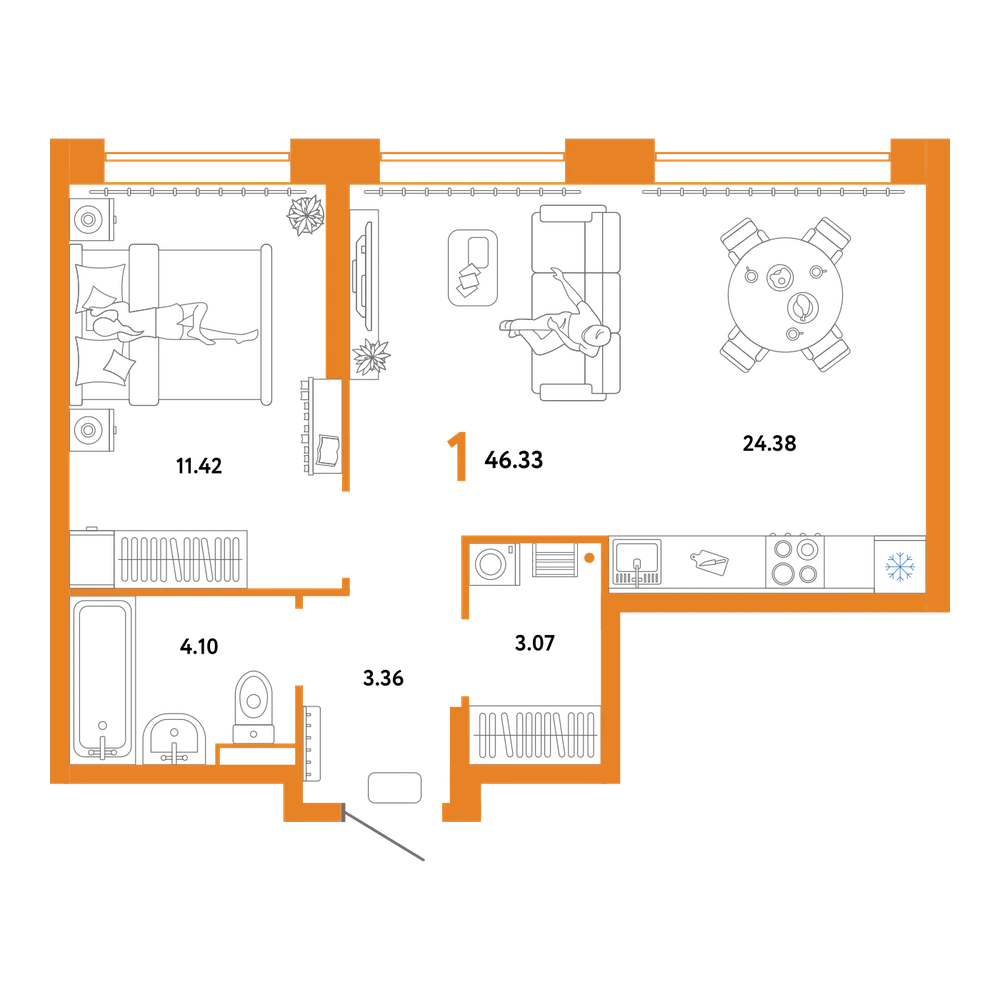 Планировка: 1-комнатная 46,33 м²