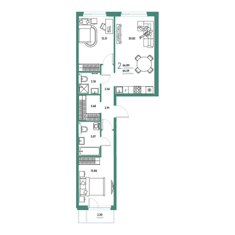 Планировка: 2-комнатная 66,89 м²