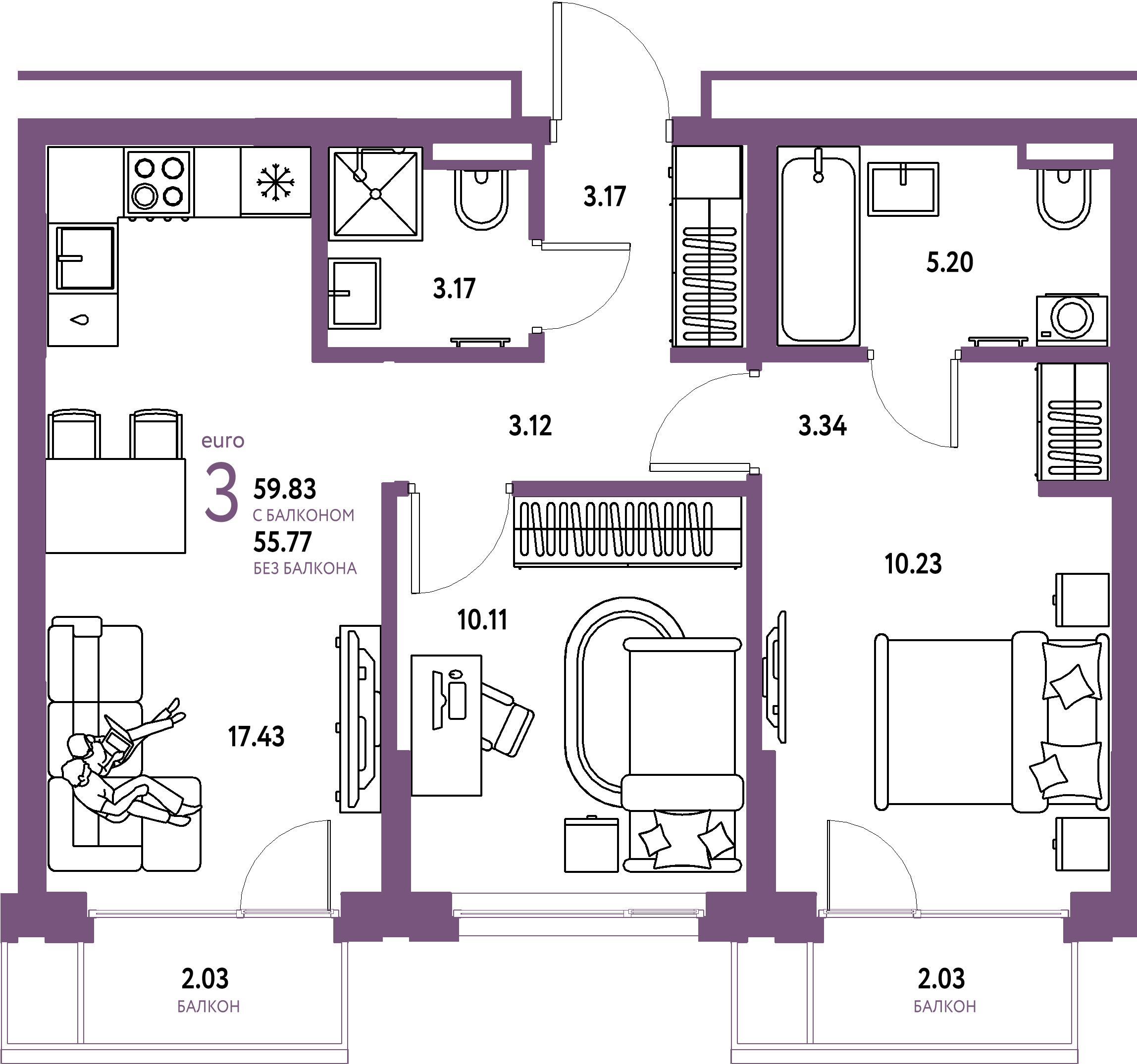 Планировка: Евротрёшка 59,83 м² в ЖК «Страна.Прибрежная»