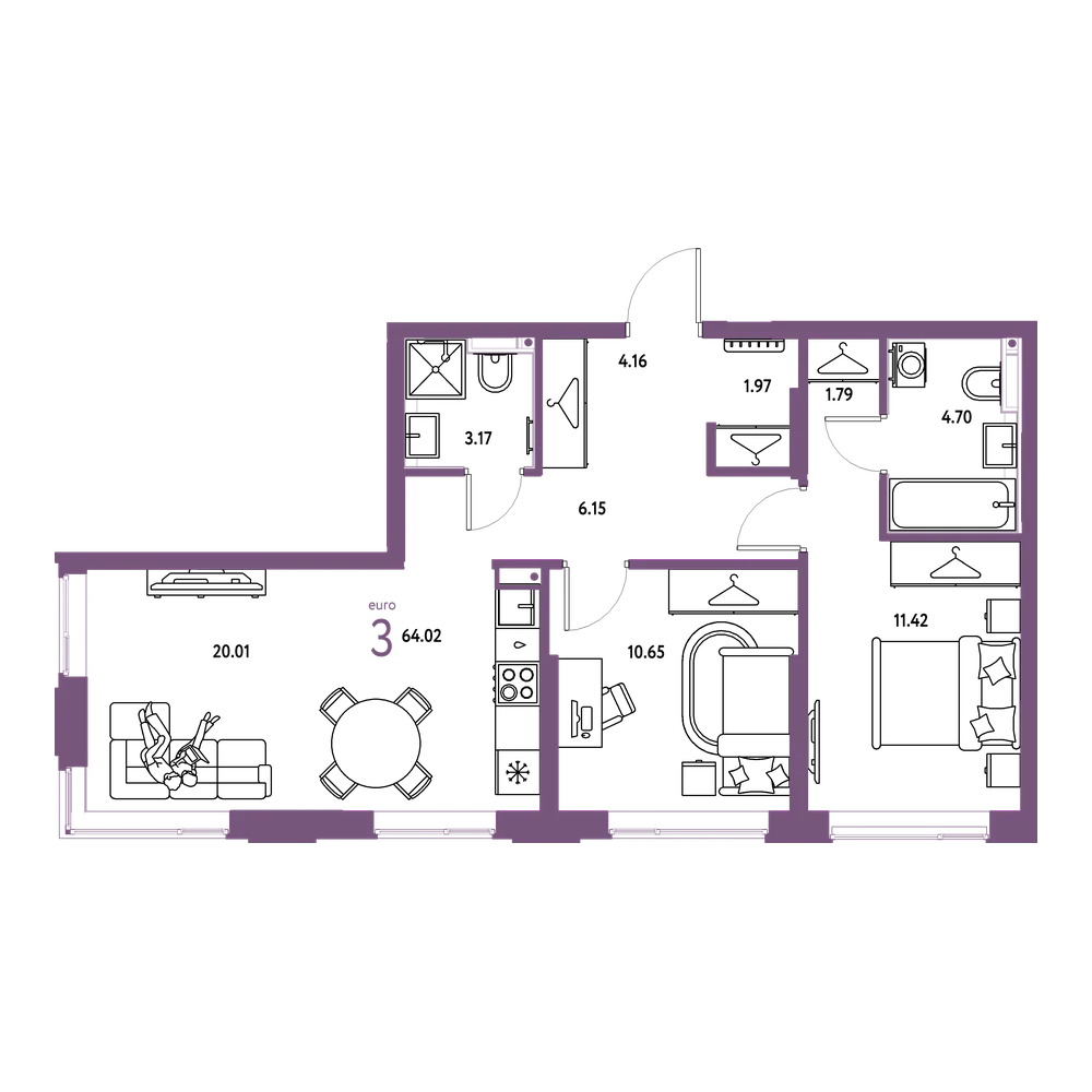 Планировка: Евротрёшка 64,02 м²