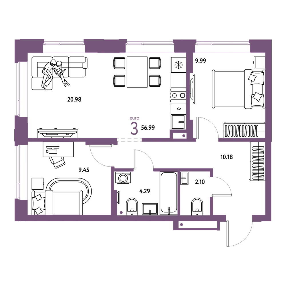 Планировка: Евротрёшка 56,99 м²