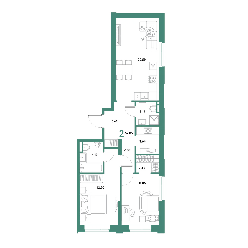 Планировка: 2-комнатная 67,85 м²