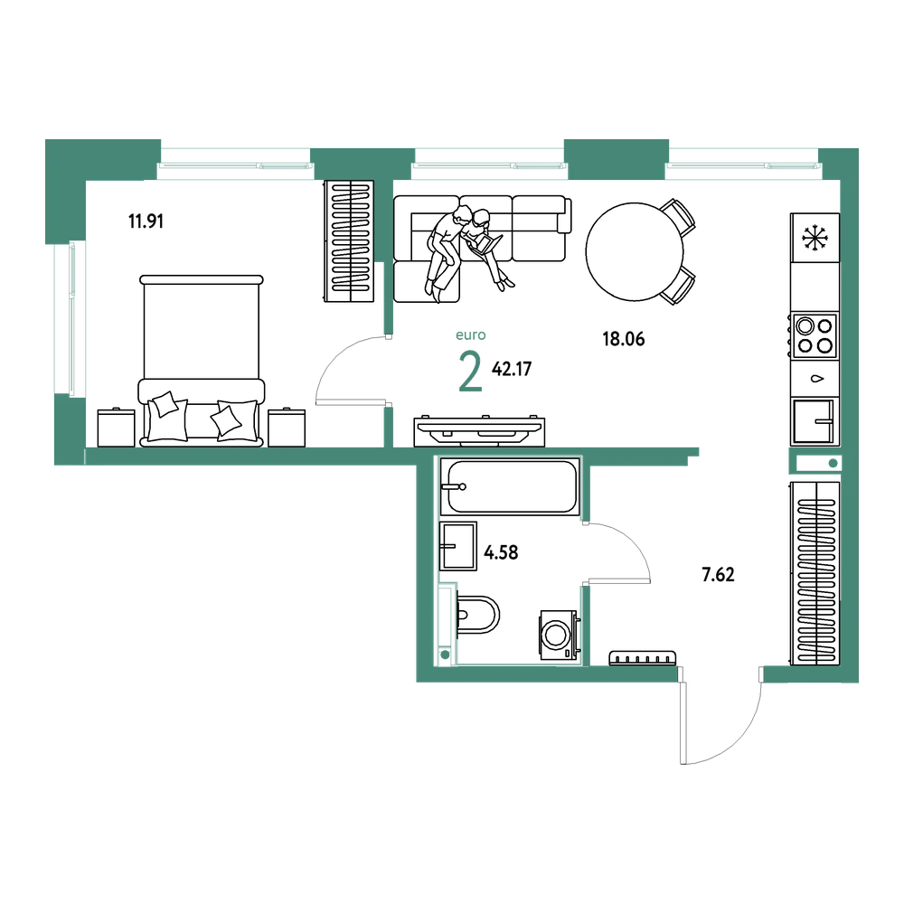 Планировка: Евродвушка 42,17 м²