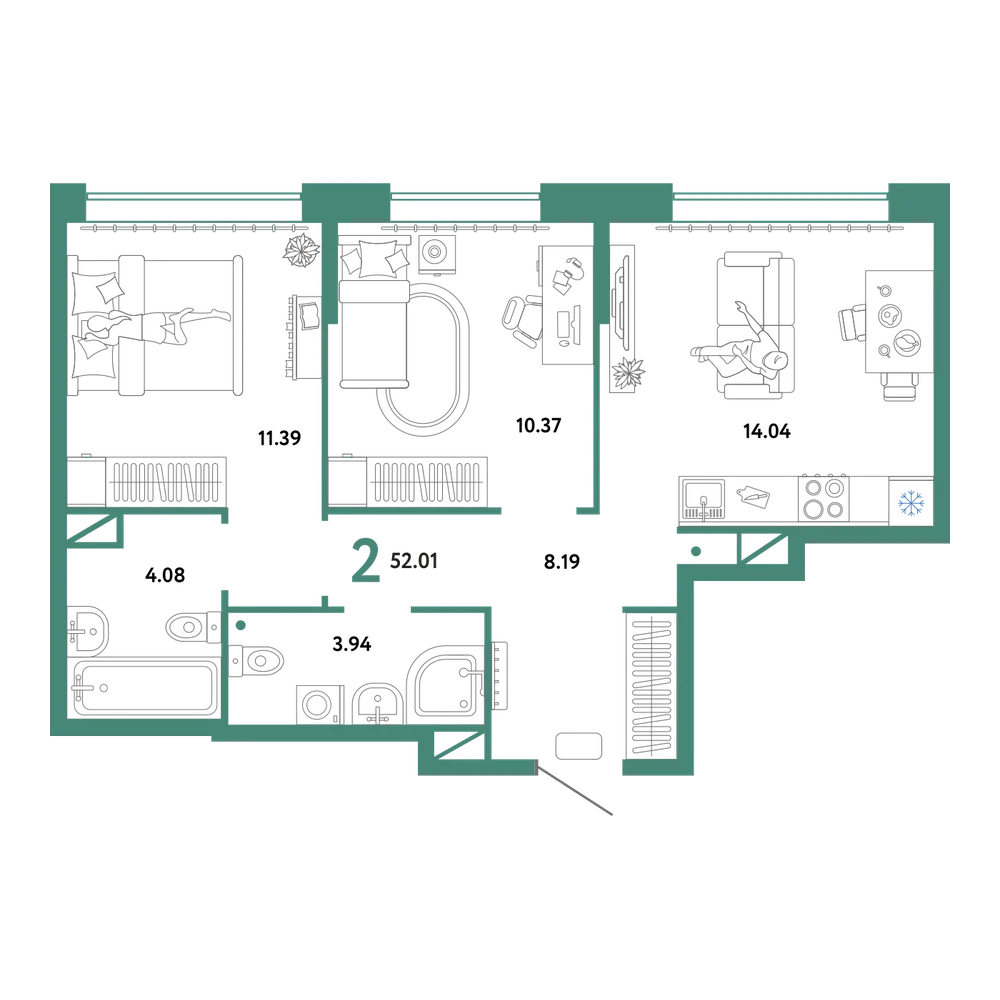 Планировка: 2-комнатная 52,01 м²