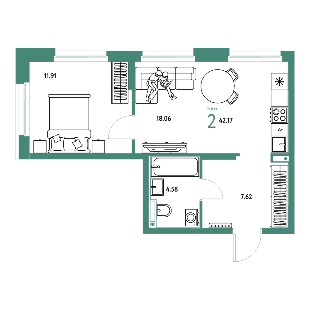 Планировка: Евродвушка 42,17 м²