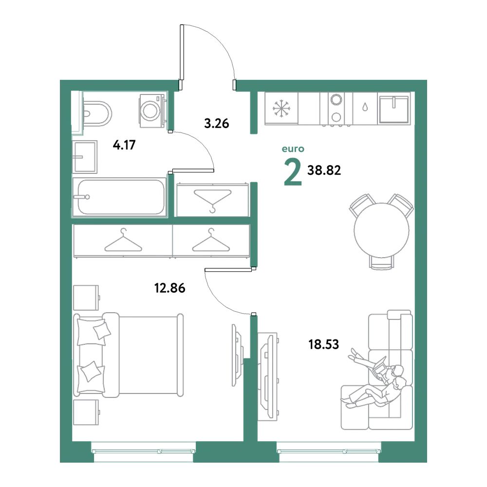 Планировка: Евродвушка 38,82 м²
