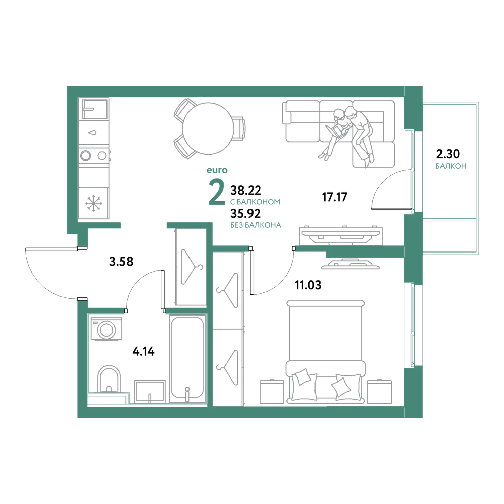 Планировка: Евродвушка 38,22 м²