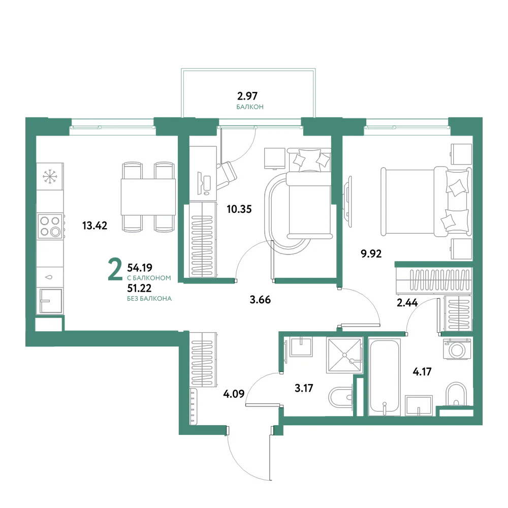 Планировка: 2-комнатная 54,19 м²