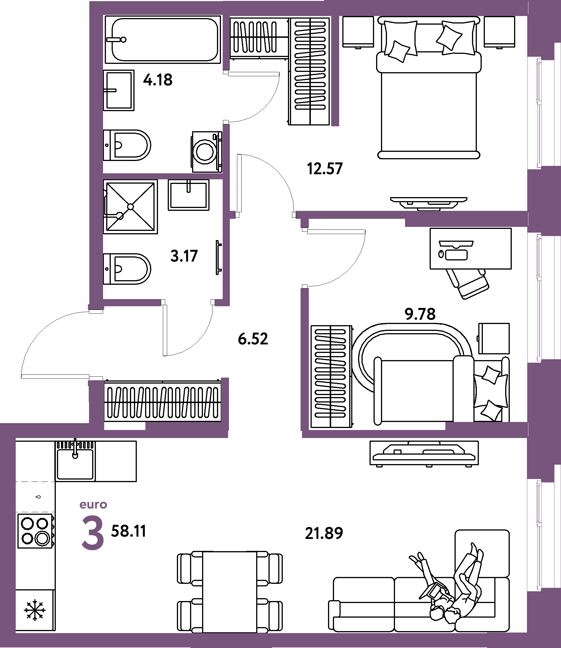 Планировка: Евротрёшка 58,11 м² в ЖК «Европейский берег 2.0»