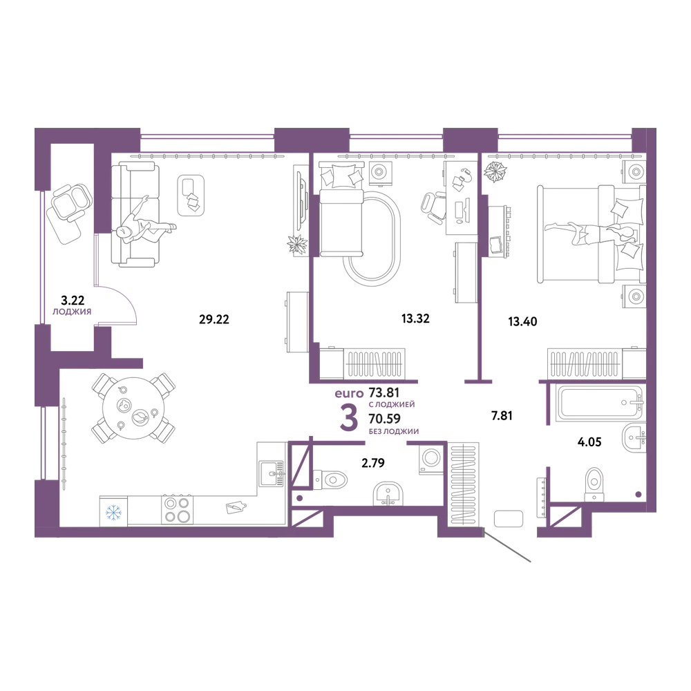 Планировка: Евротрёшка 73,81 м²