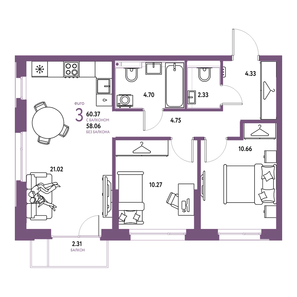 Планировка: Евротрёшка 60,37 м²