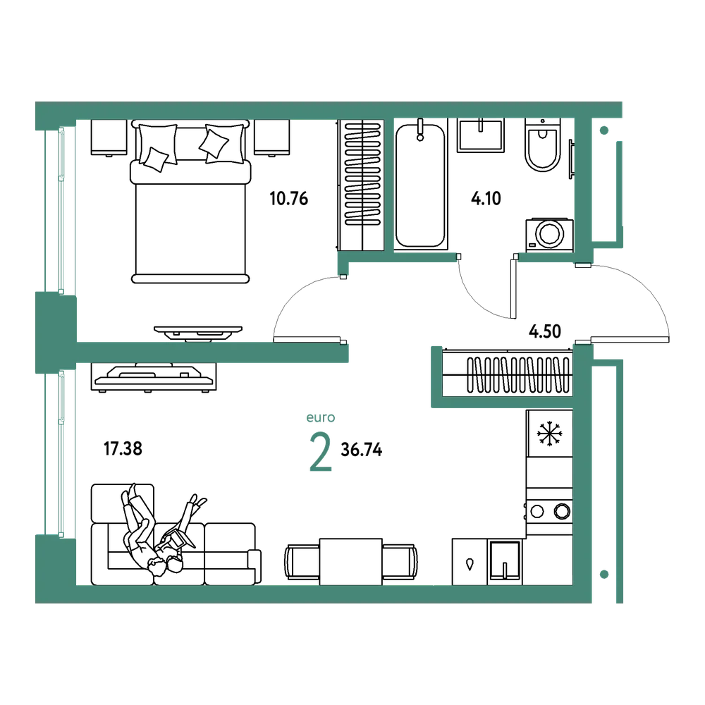 Планировка: Евродвушка 36,74 м²