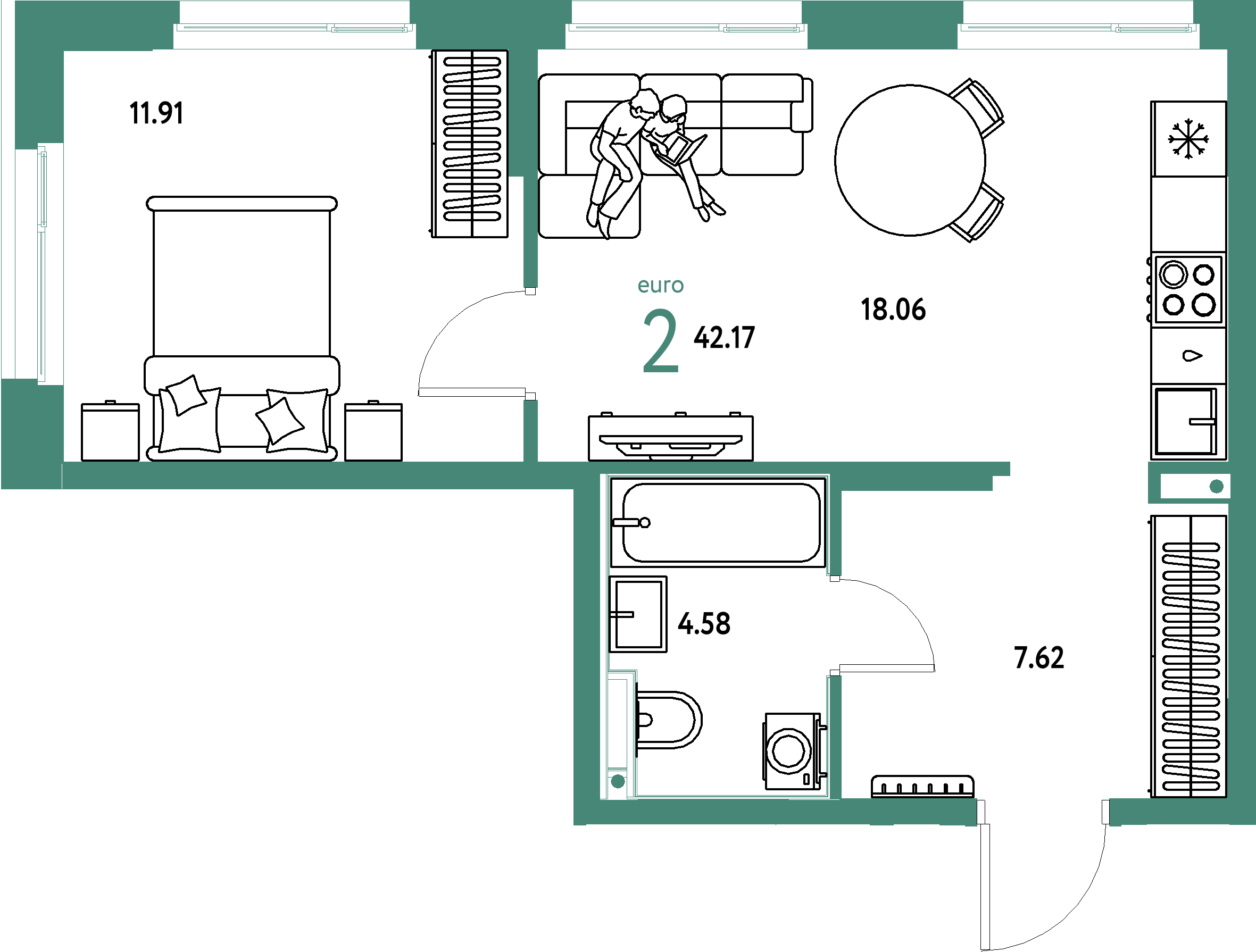 Планировка: Евродвушка 42,17 м² в ЖК «Домашний»