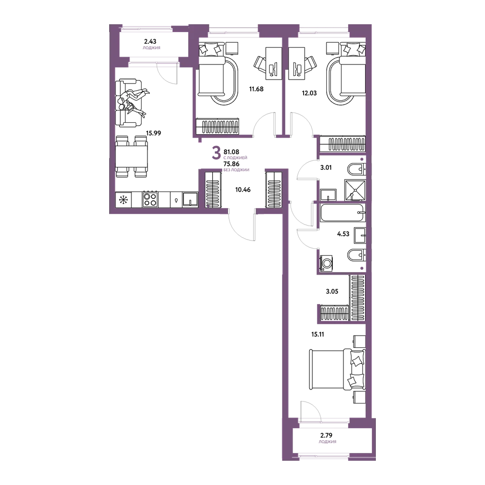 Планировка: 3-комнатная 81,08 м²