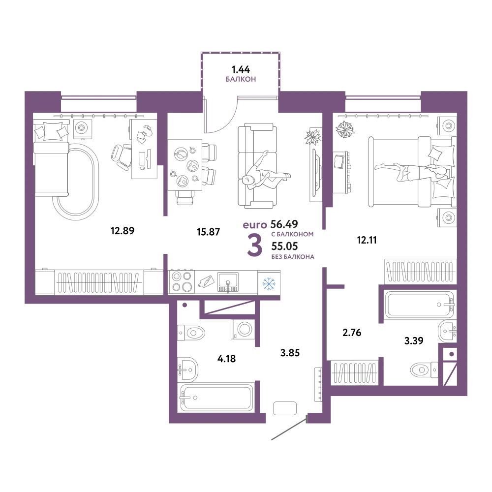 Планировка: Евротрёшка 56,49 м²