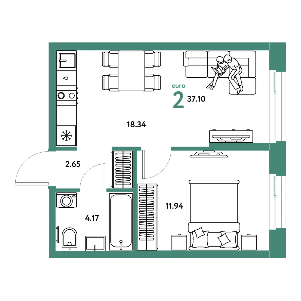 Планировка: Евродвушка 37,1 м²