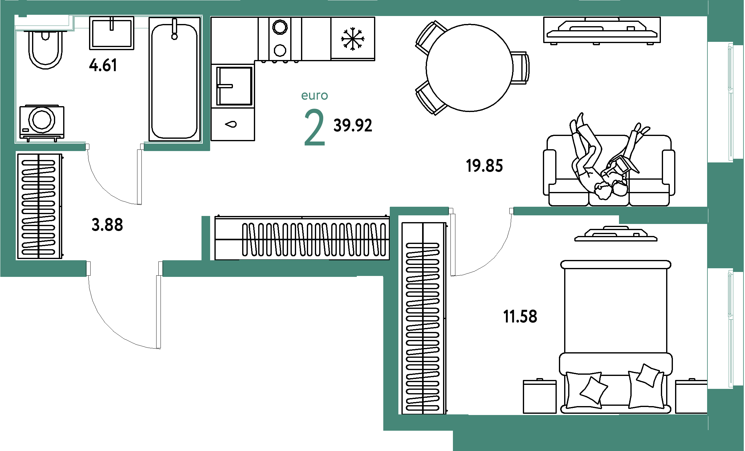 Планировка: Евродвушка 39,92 м² в ЖК «Домашний»