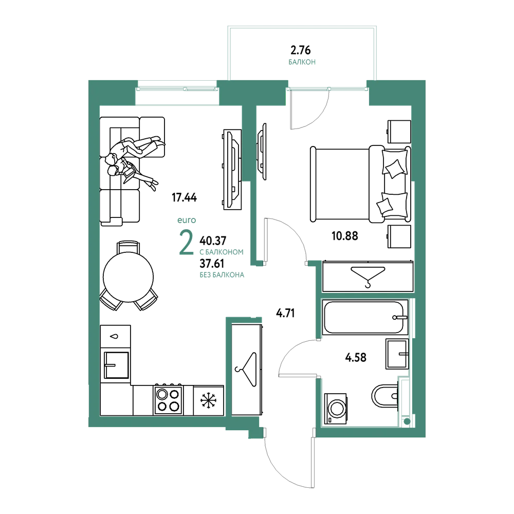 Планировка: Евродвушка 40,37 м²