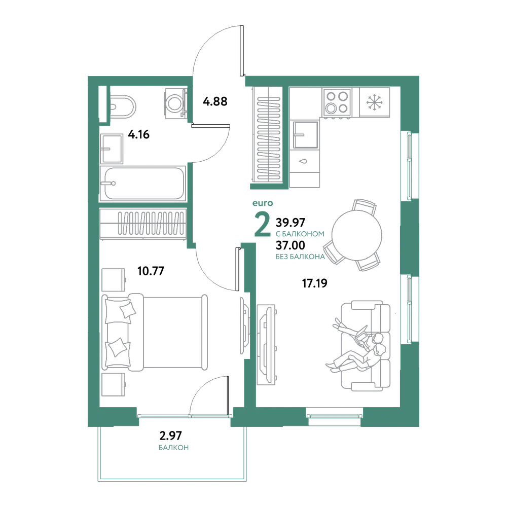 Планировка: Евродвушка 39,97 м²