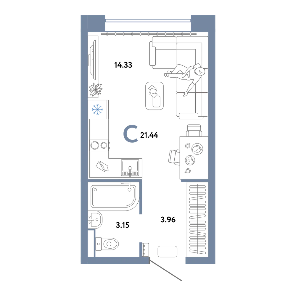 Планировка: Студия 21,44 м²