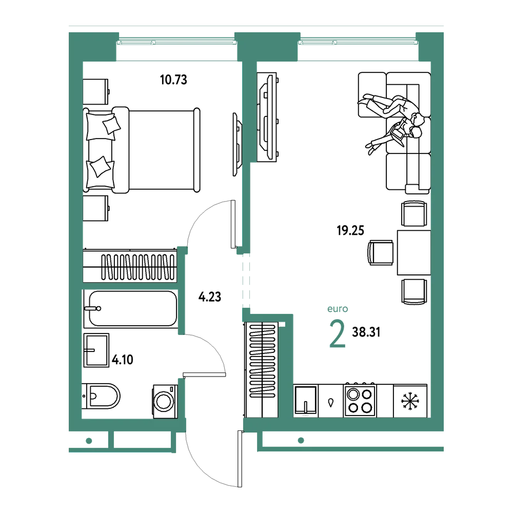 Планировка: Евродвушка 38,31 м²