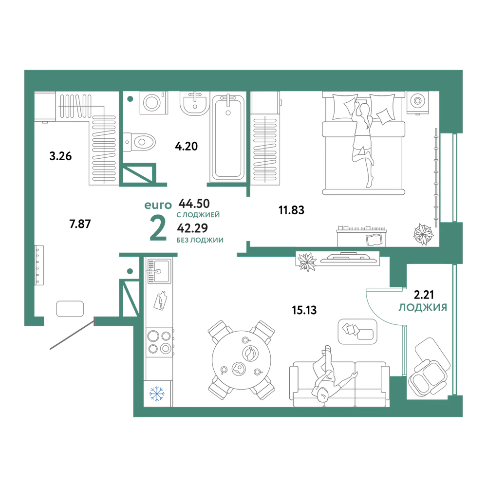 Планировка: Евродвушка 44,5 м²