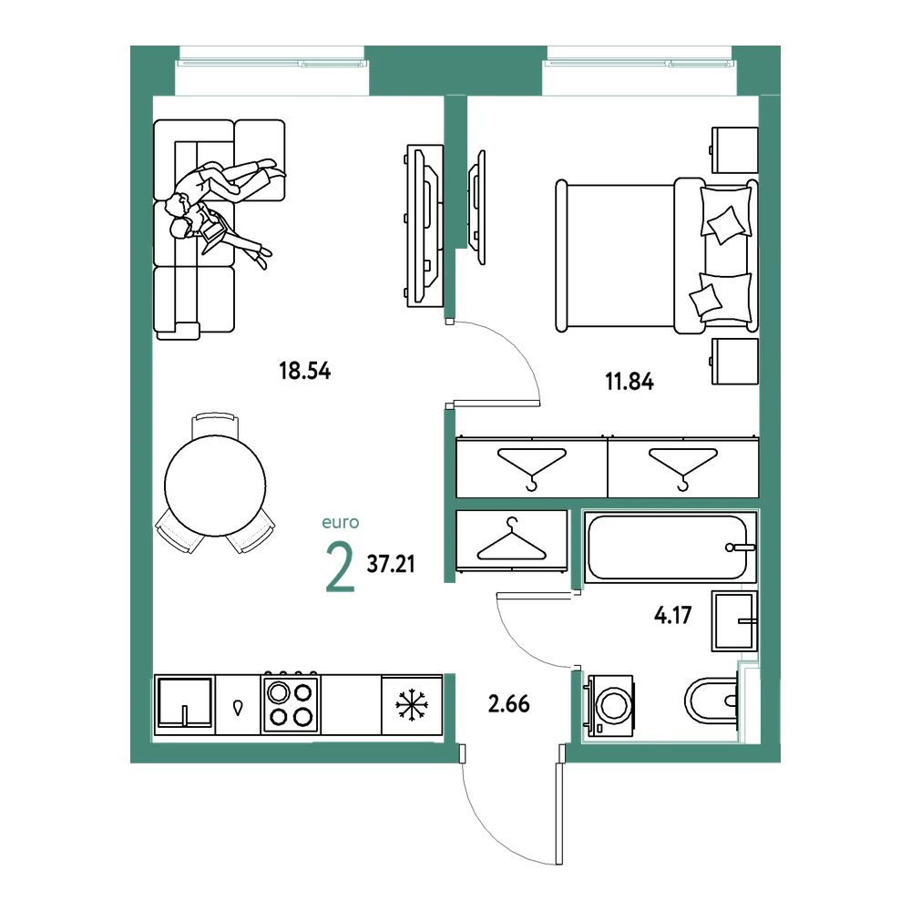 Планировка: Евродвушка 37,21 м²