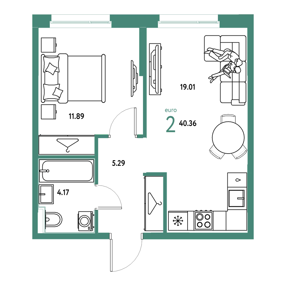 Планировка: Евродвушка 40,36 м²