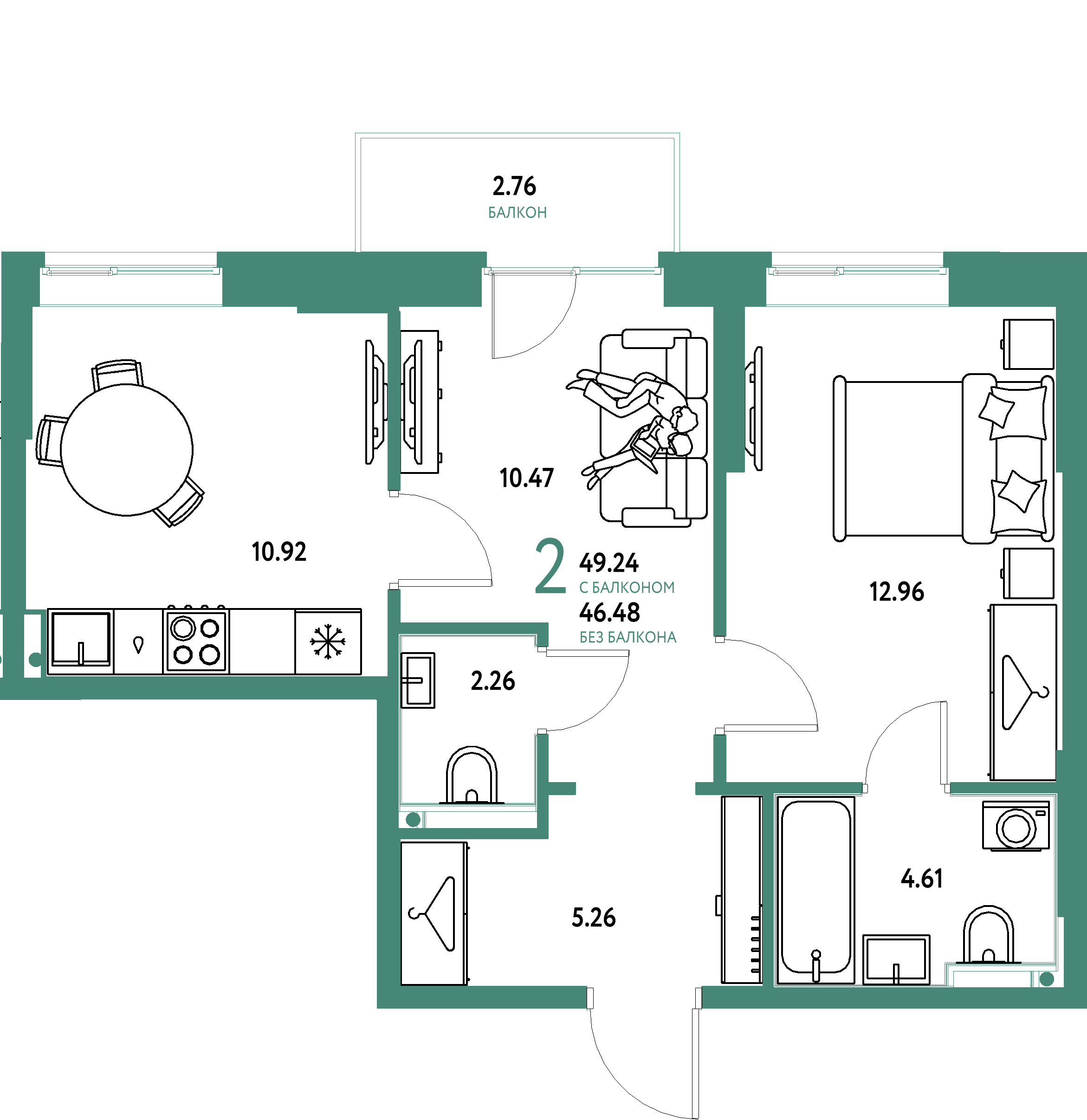 Планировка: 2-комнатная 49,24 м² в ЖК «Европейский берег 2.0»