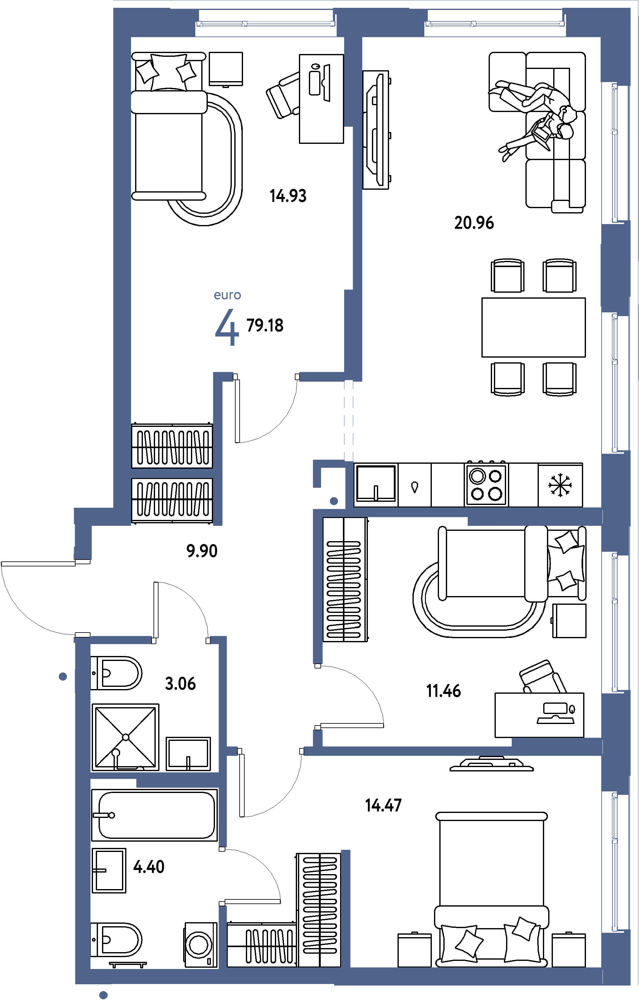 Планировка: Евро-4 79,18 м² в ЖК «Домашний»