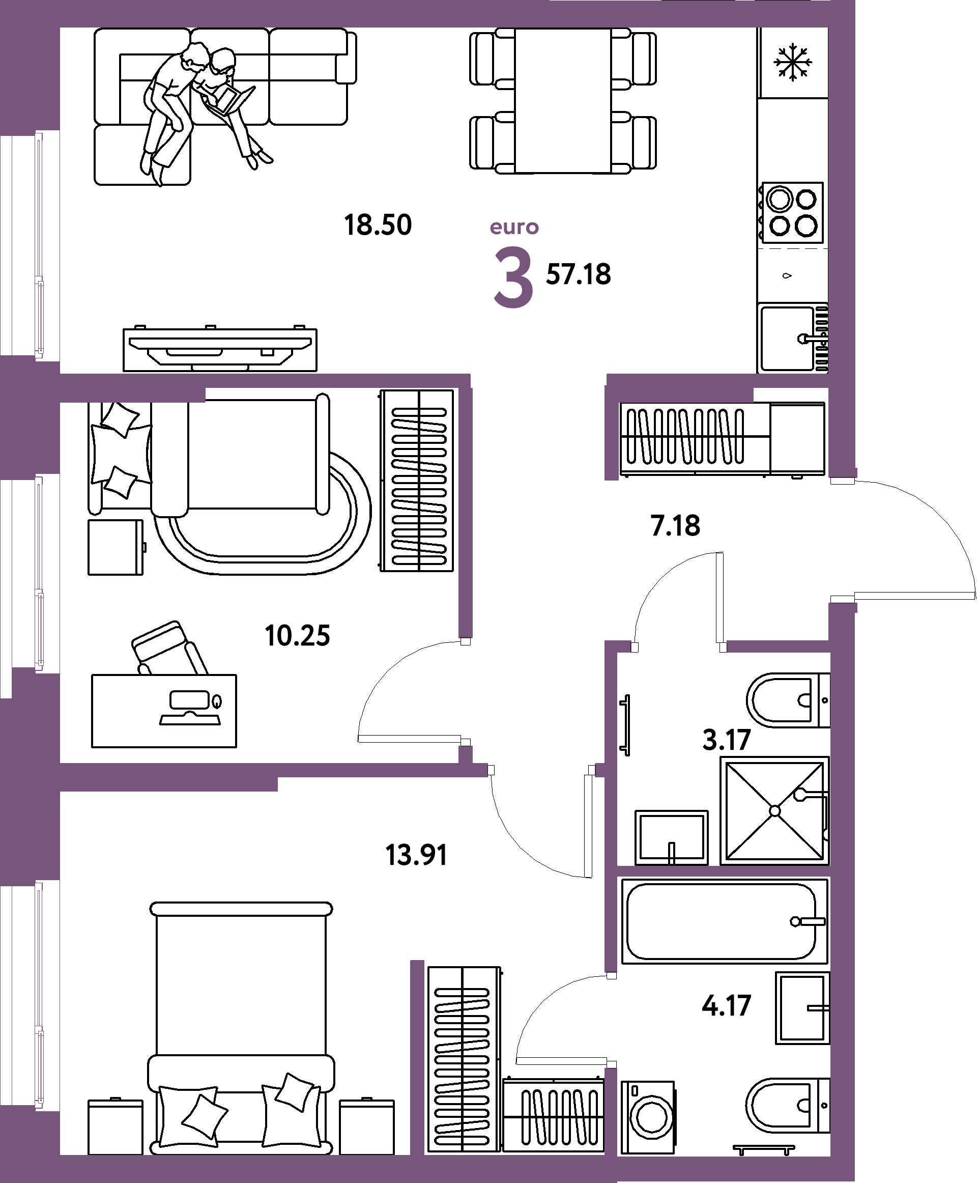 Планировка: Евротрёшка 57,18 м² в ЖК «Европейский берег 2.0»