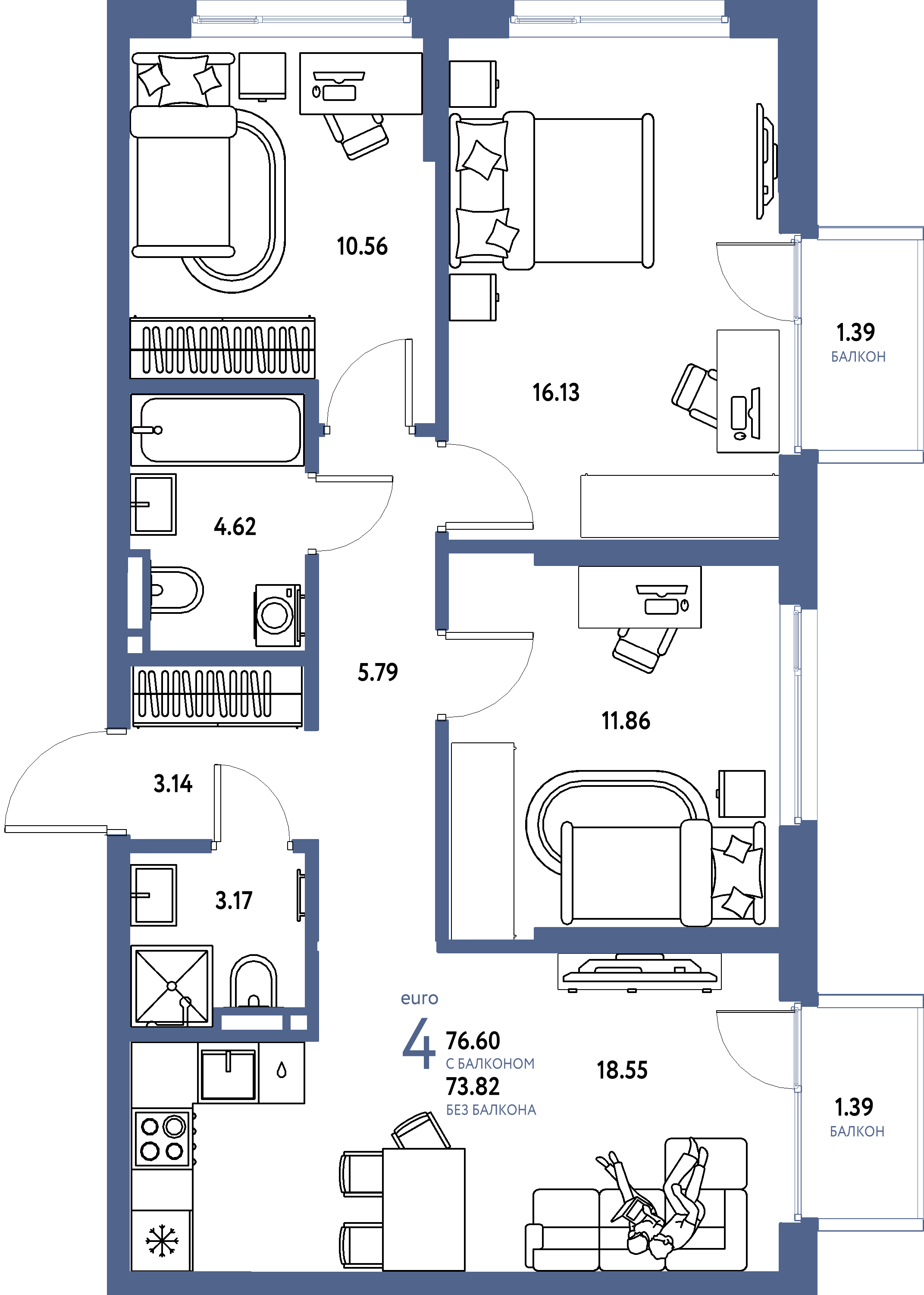 Планировка: Евро-4 76,6 м² в ЖК «Страна.Прибрежная»