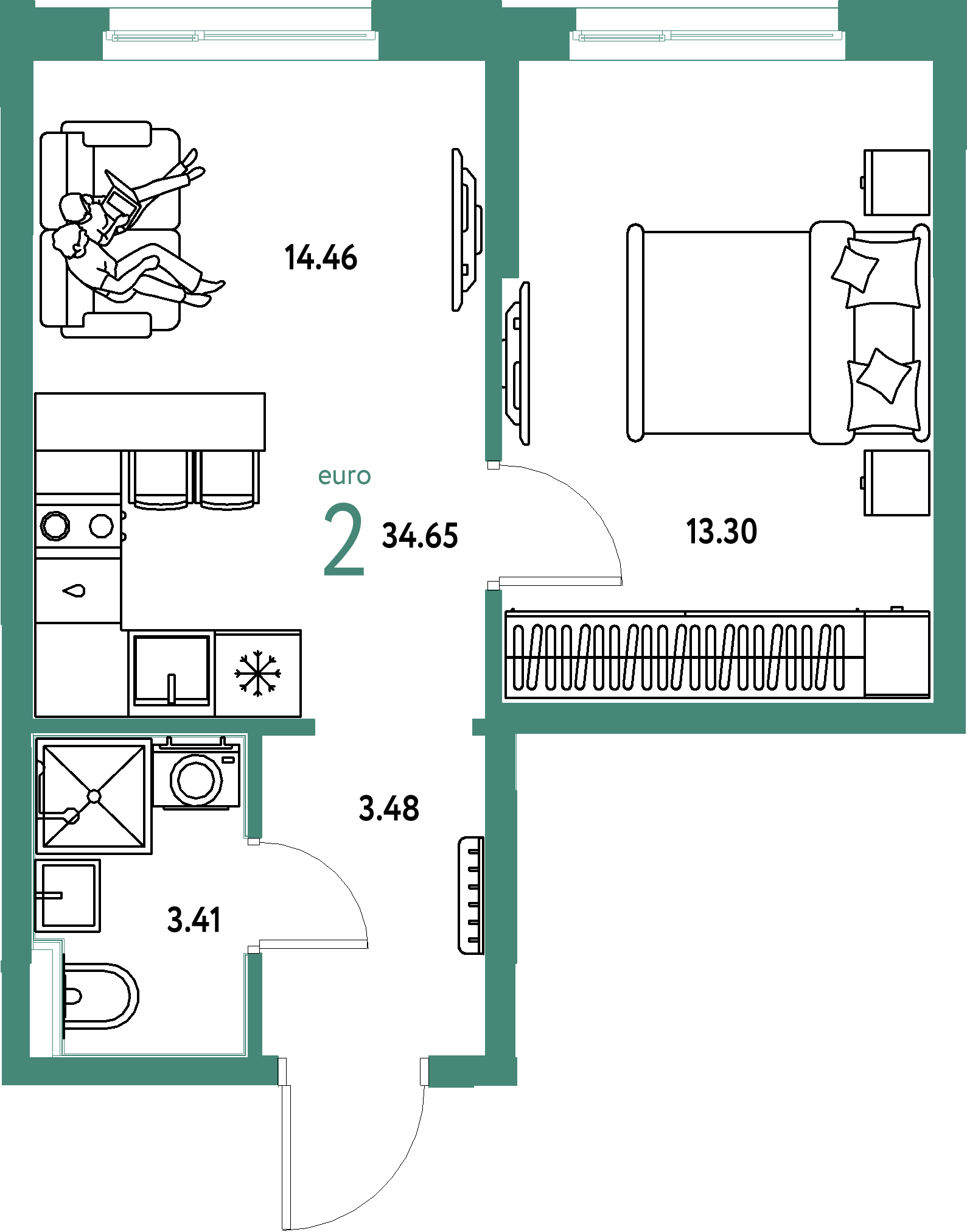 Планировка: Евродвушка 34,65 м² в ЖК «Домашний»