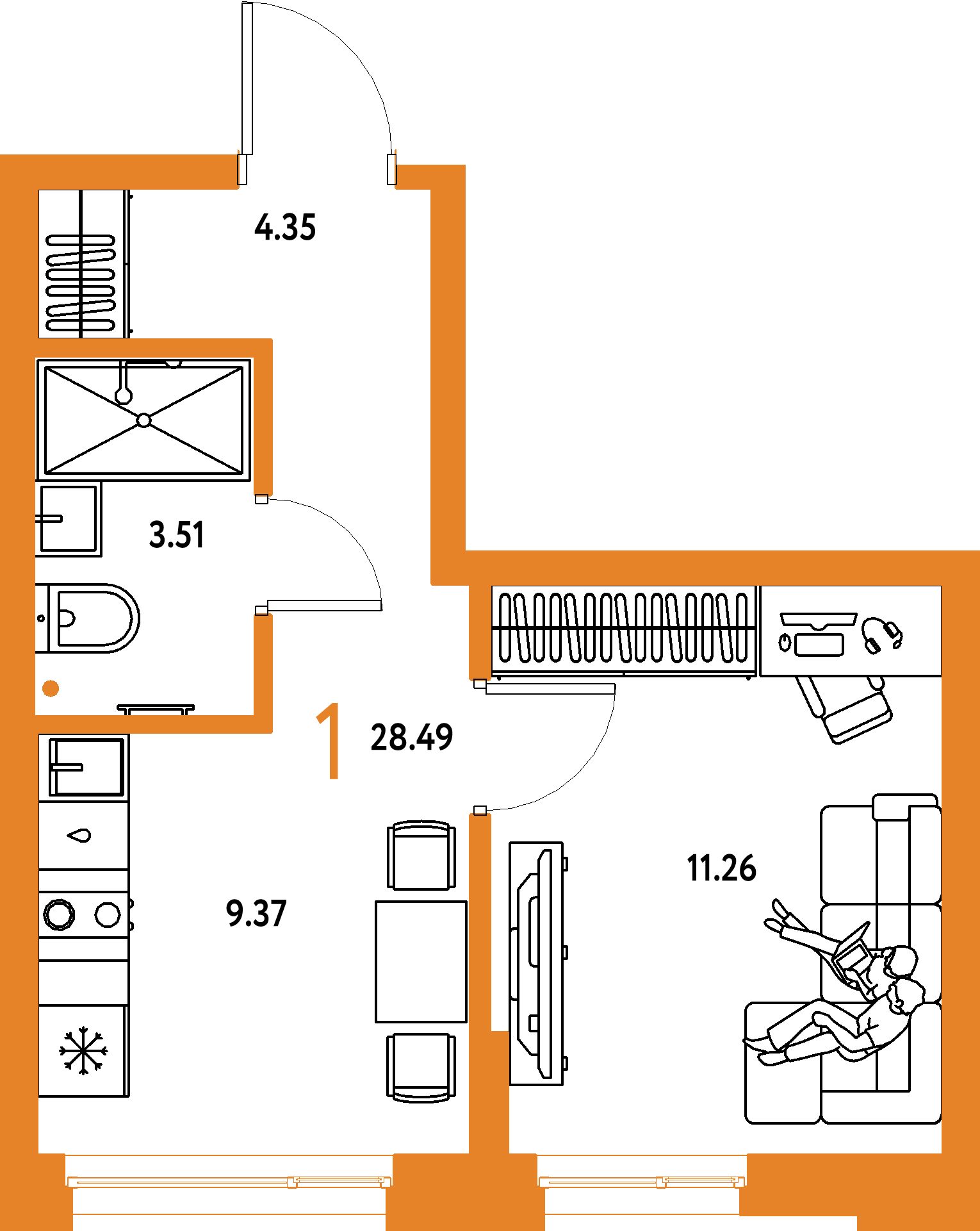 Планировка: 1-комнатная 28,49 м² в ЖК «Домашний»