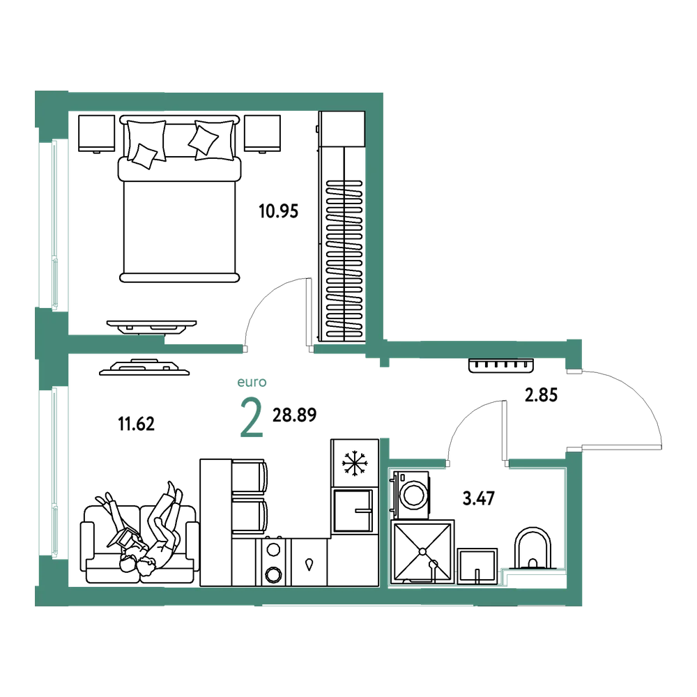 Планировка: Евродвушка 28,89 м²