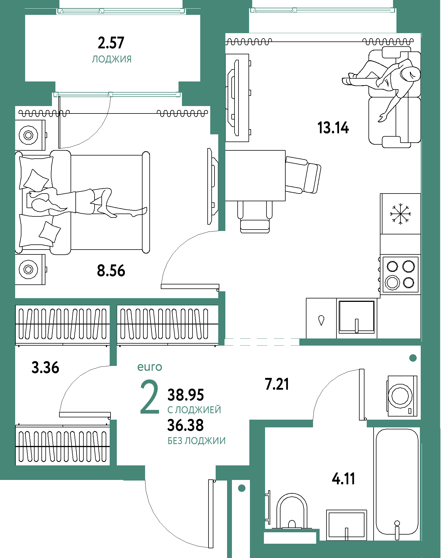 Планировка: Евродвушка 38,95 м² в ЖК «Домашний»