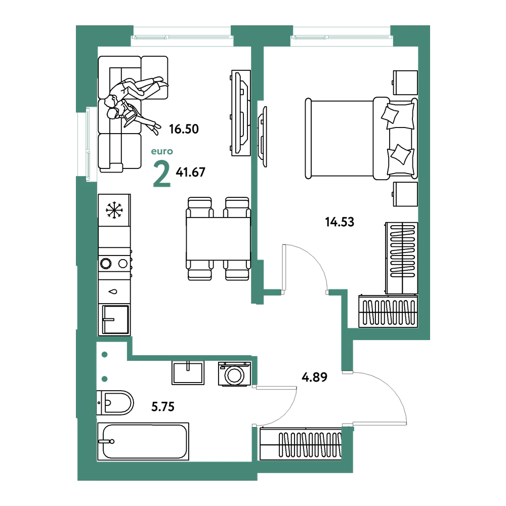 Планировка: Евродвушка 41,67 м²