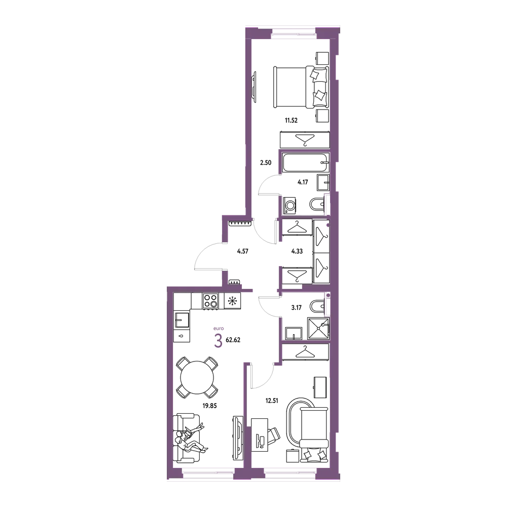 Планировка: Евротрёшка 62,62 м²